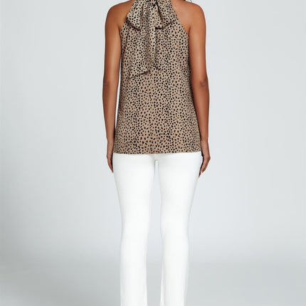 Leopard Print Halter Neck Tie Back Top In Beige