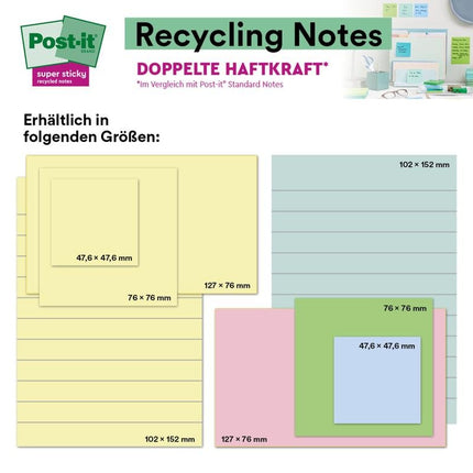 Post-it® Super Sticky 100 % Recycling Notes, Verschiedene Farben, Liniert, 102 mm x 152 mm, 45 Blatt/Block, 4 Blöcke/Packung, 100% PEFC, SGSCH-PEFC-COC-110078 | Packung (1 Stück)
