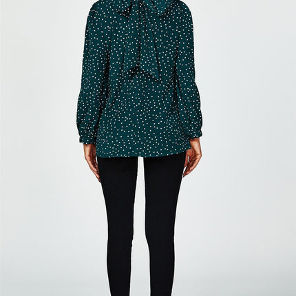 Polka Dot Print Long Sleeve Back Tie Blouse Top In Green