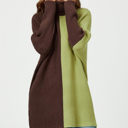 High Neck Half Brown & Green Block Colour Jumper Top