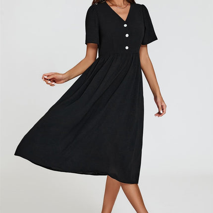 Button Front Midi Dress In Black