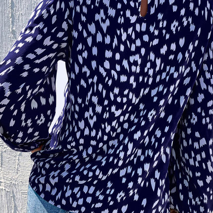 Animal Print Frill Detail High Neck Top In Navy