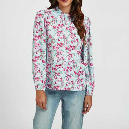 Floral Print Frill Detail High Neck Top In Blue & Pink
