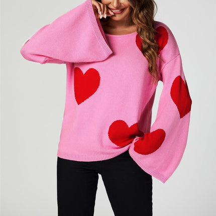 Wide Sleeve Oversize Red Jumper With Pink Heart