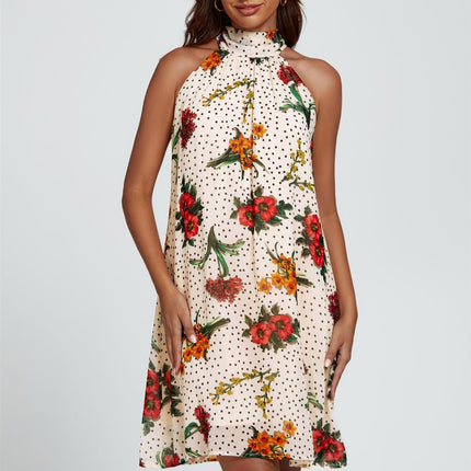 Floral Print Halter Neck Tie Back Mini Dress In Off White