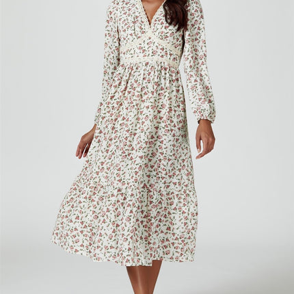 Floral Print Long Sleeve Midi Dress In White