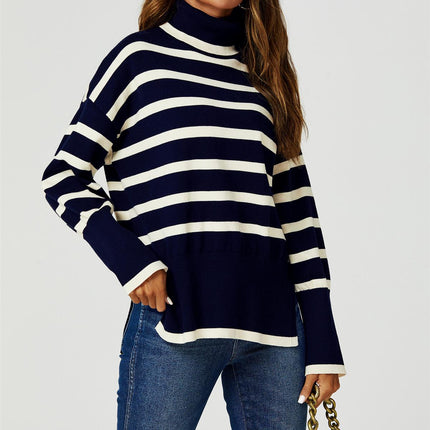 Stripes Pattern Turtleneck Jumper Top In Navy