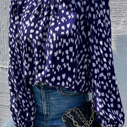 Animal Print Frill Detail High Neck Top In Navy