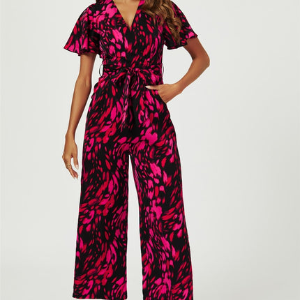 Pink Abstract Print Wrap Top Jumpsuit In Black