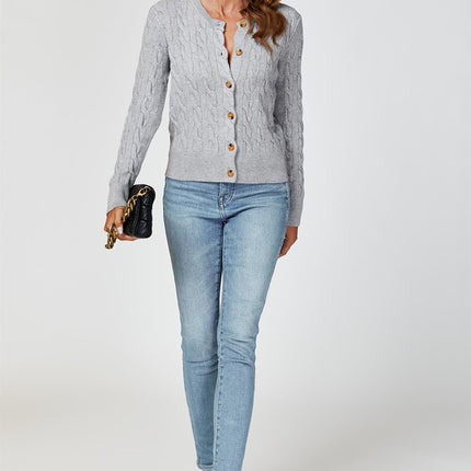 Cable-Knit Crewneck Cardigan In Grey