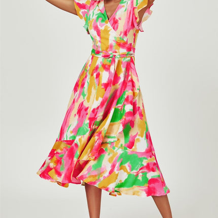 Abstract Floral Print Midi Wrap Dress In Pink