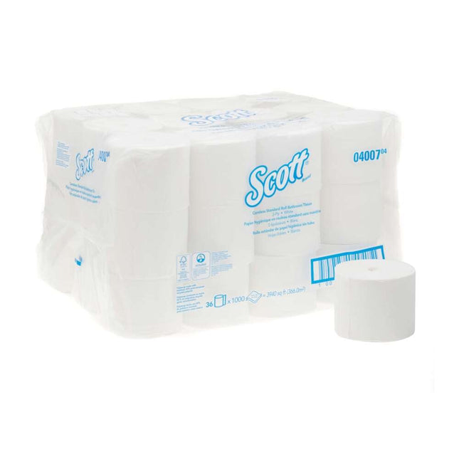 Scott® Essential™ Toilettenpapierrollen - Coreless / Weiß - 36 small rolls  x 1000 Toilet Tissue Sheets | Karton (36 Kleinrollen)