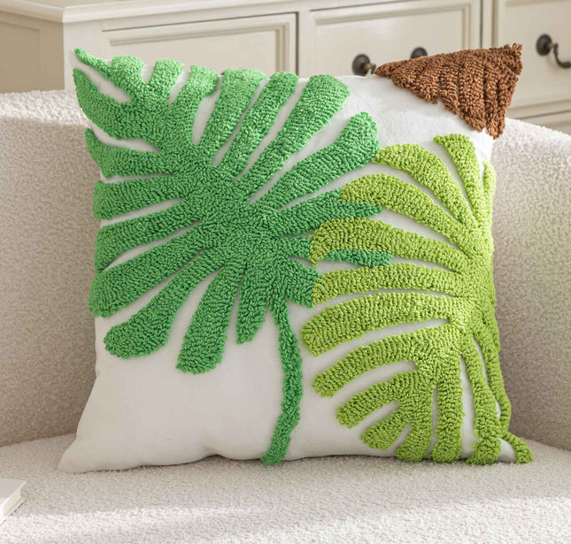 Kissenhülle  »Cottbus« LxB 45x45 cm Grün Frottee-Stickerei 100% Baumwolle Monstera Blattmuster hochwertiger Leinenstoff 202490K