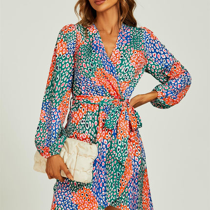 Leopard Print Wrap Mini Dress In Blue