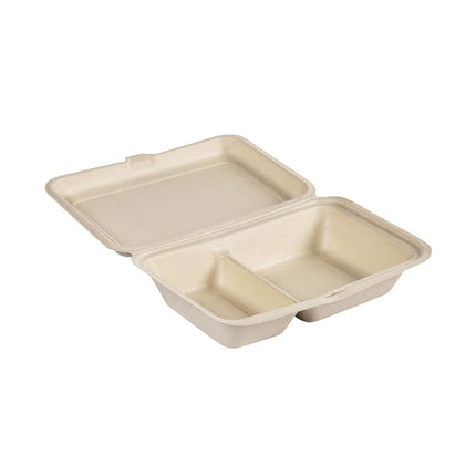 Clamshell 470/300 ml - uncoated 2 Braun Bagasse 255x170x65 | Packung (50 Stück)