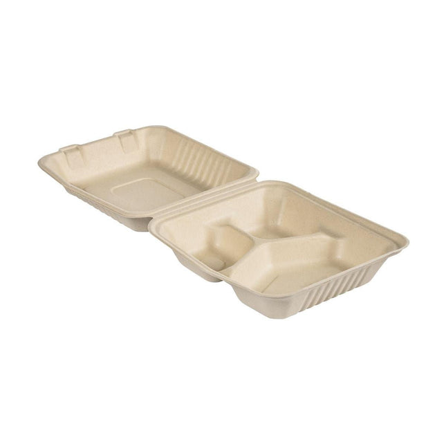 Clamshell 325/70/60 ml - uncoated 3 Braun Bagasse 225x201x85 | Packung (50 Stück)