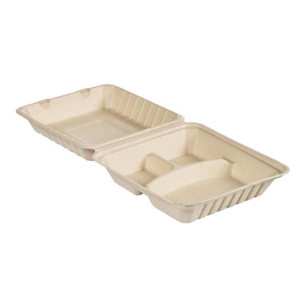 Clamshell 350/120/120 ml - uncoated 3 Braun Bagasse 235x235x90 | Packung (50 Stück)