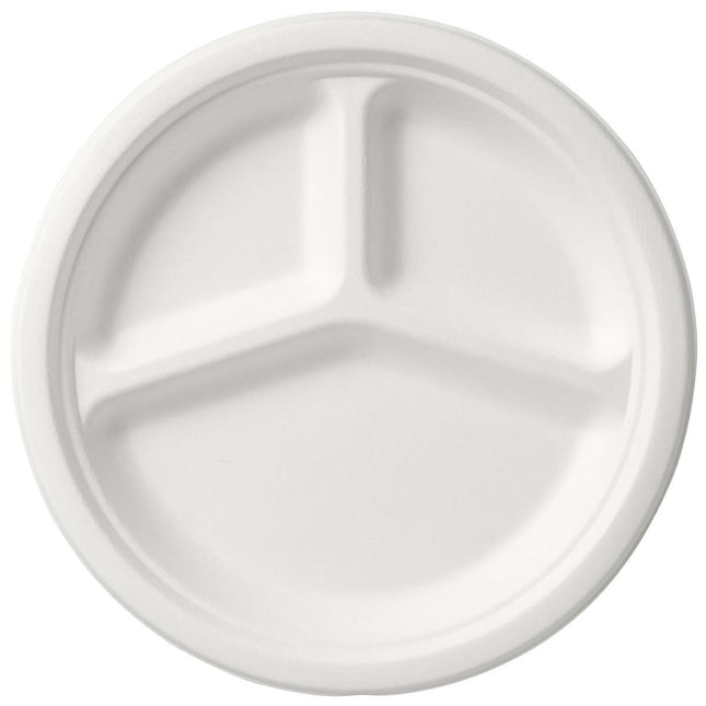 Teller 3-geteilt ø 26 cm Weiss  - uncoated 3 Weiß Bagasse Ø260 | Packung (50 Stück)