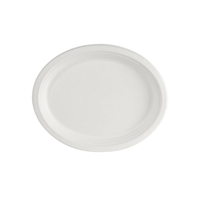 Teller oval 32 cm Weiss - uncoated  Weiß Bagasse 320x255x20 | Packung (150 Stück)