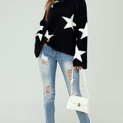 Wide Sleeve Oversize Black Jumper With White Star