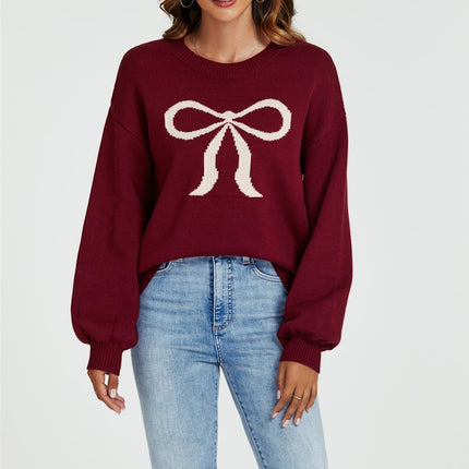 Bow Pattern Jumper Top In Wine