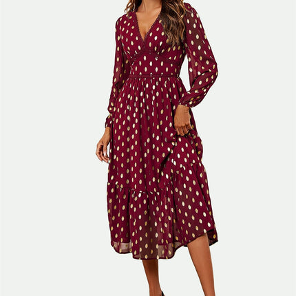 Lace Trim Foil Long Sleeve Maxi Dress In Wine