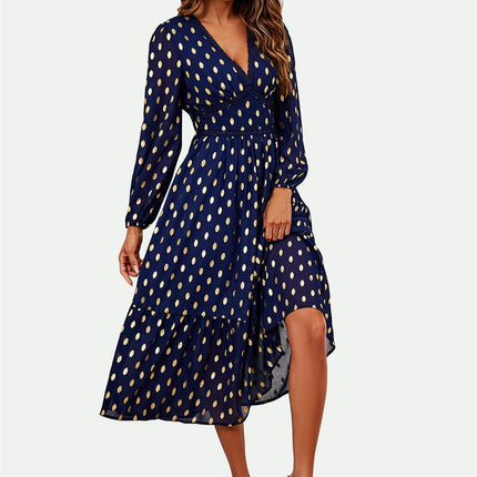 Lace Trim Foil Long Sleeve Maxi Dress In Navy