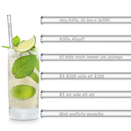 Köln Sprüche Kölle Alaaf Edition 6 gravierte Glasstrohhalme Karneval Fasching Trinksprüche