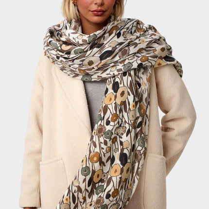 Floral Print Fringed edges Scarf In Brown