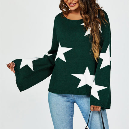 Wide Sleeve Oversize Dark Green Jumper With White Star