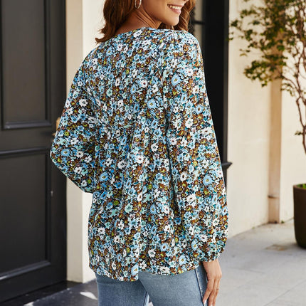 Floral Print long sleeve Blouse Top In Blue