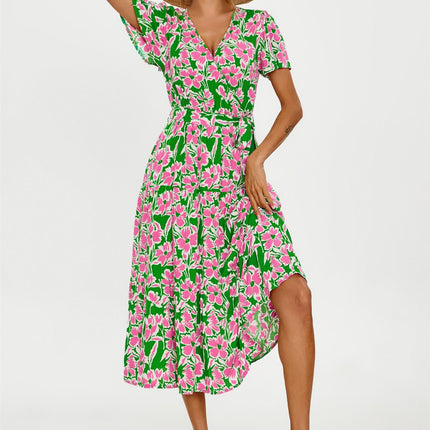 Pink Floral Print Hem Tiered Wrap Midi Dress In Green