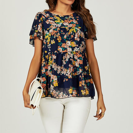Floral Print Hem Tiered Smock Short Sleeve Blouse Top In Navy