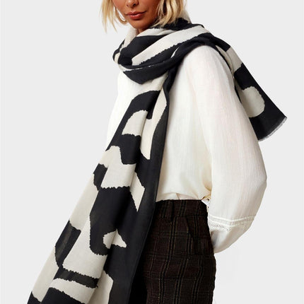 Black Abstract Print Fringed edges Scarf In Beige