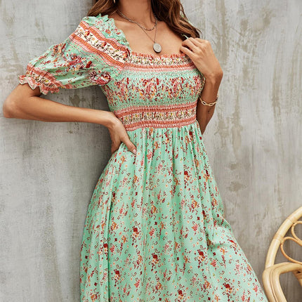 Boho Mini Dress With Pink Floral Print In Mint Green