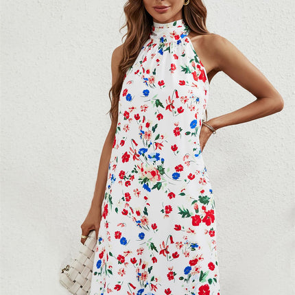 Floral Print Halter Neck Tie Back Mini Dress In White