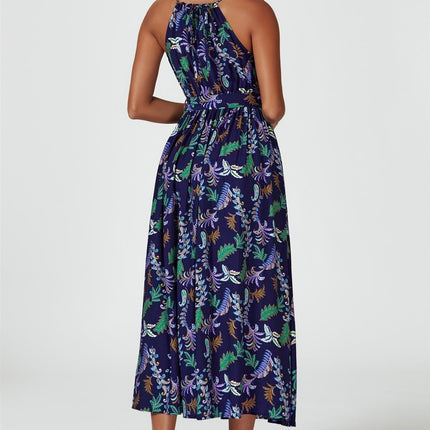 Floral Print Tie Halterneck Maxi Dress In Navy