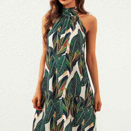 Leaf Print Halter Neck Tie Back Mini Dress In Green