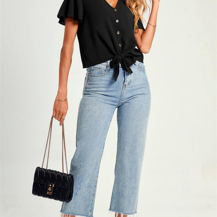 Cute Tie Knot Front Buttoned Crop T Shirt Top In Black