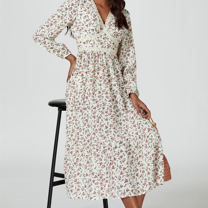 Floral Print Long Sleeve Midi Dress In White