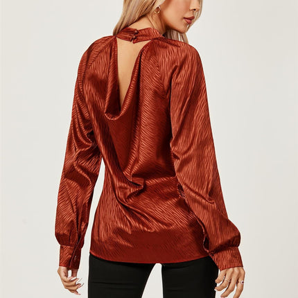 Halter Neck Satin Long Sleeve Blouse Top In Copper Red