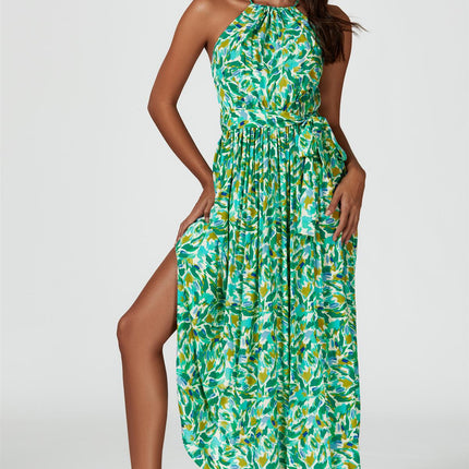 Abstract Print Tie Halterneck Maxi Dress In Green