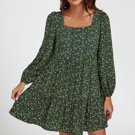 Little Floral Print Square Neck Mini Dress In Olive Green