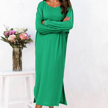 Oversized Midaxi Long Sleeve Slit Jersey Dress In Green