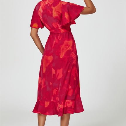Abstract Print Angel Sleeve Wrap Midi Dress In Red