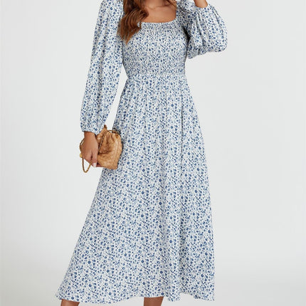 Floral Print Square Neck Maxi Dress In Light Blue