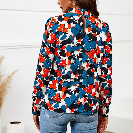 Floral Print Long Sleeve High Neck Top In Blue