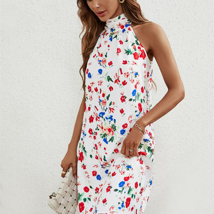Floral Print Halter Neck Tie Back Mini Dress In White