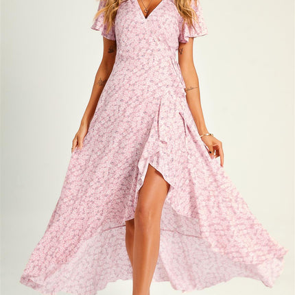 Summer Floral Print Hem Wrap Midi Dress In Pink