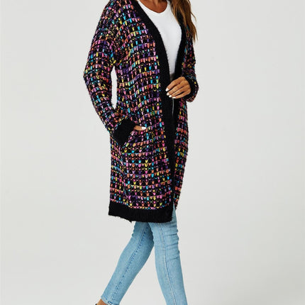 Rainbow Multicolour Speckles Boucle Check Cardigan In Black